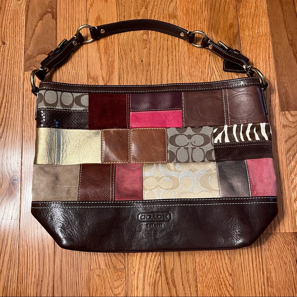 Coach Holiday Patchwork Velvet Suede Purse Brown Gold Burgundy F0771 EUC